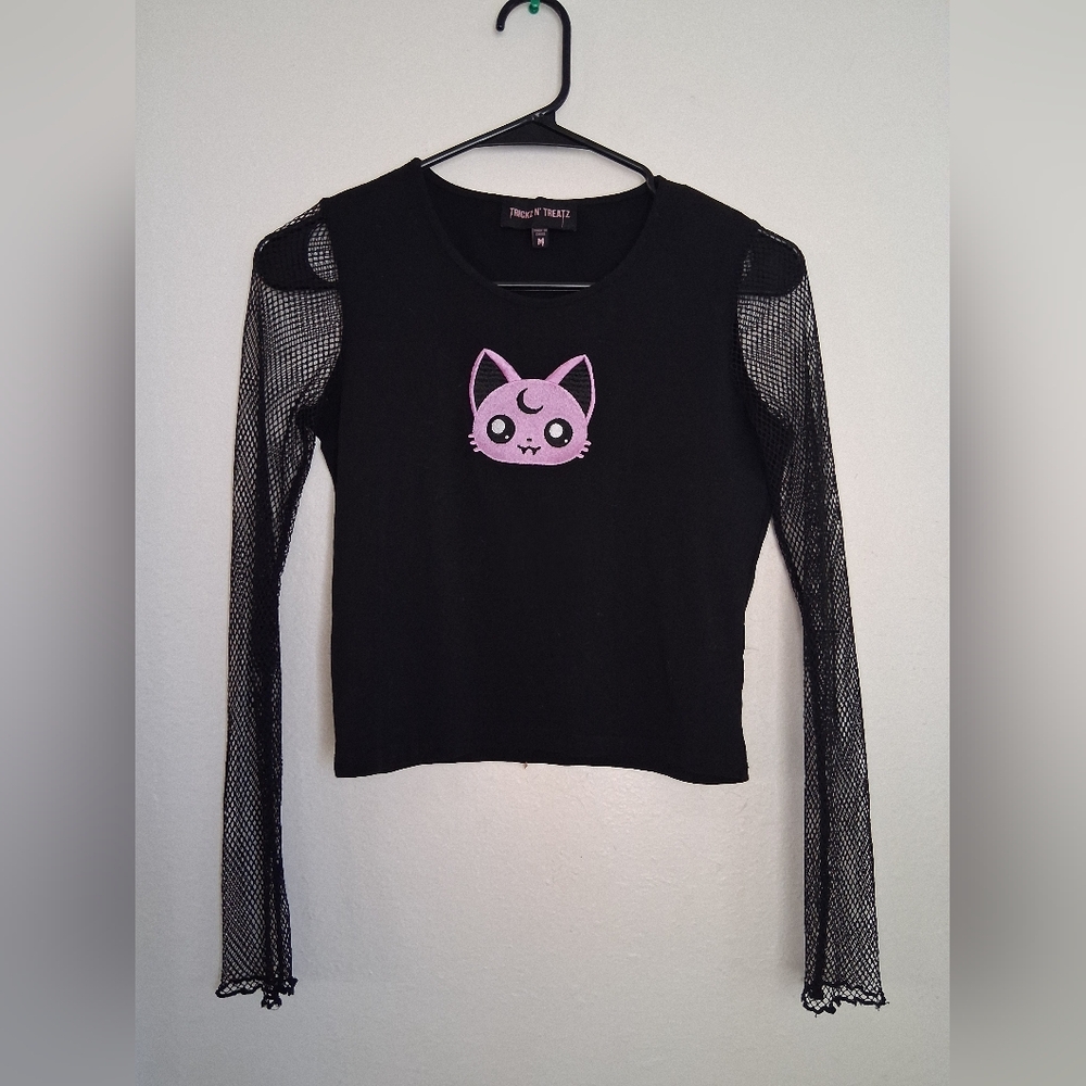 Dolls Kill Tricks N Treatz Halloween Lunar Moon Kitty Fishnet Crop Top